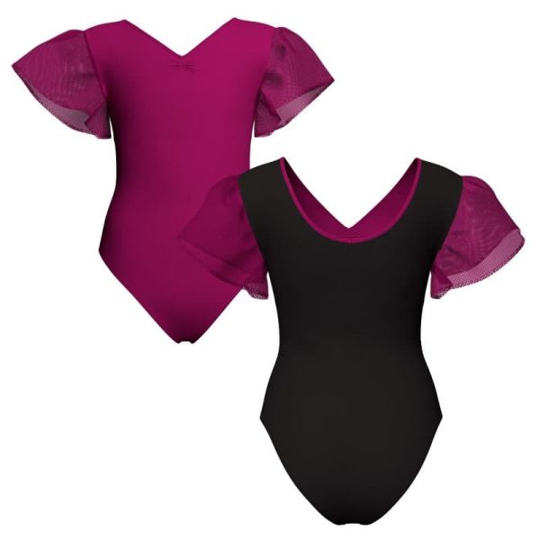 body danza bicolore con inserto e maniche a volant in rete o pizzo plg2800