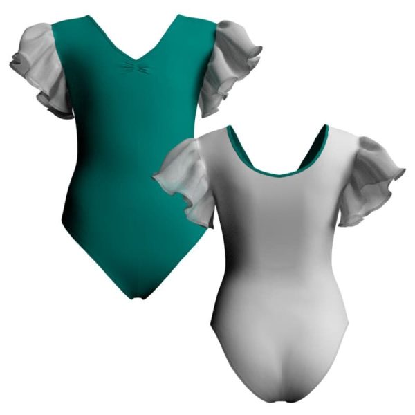 body danza bicolore con inserto e maniche a volant in rete o pizzo plg28091