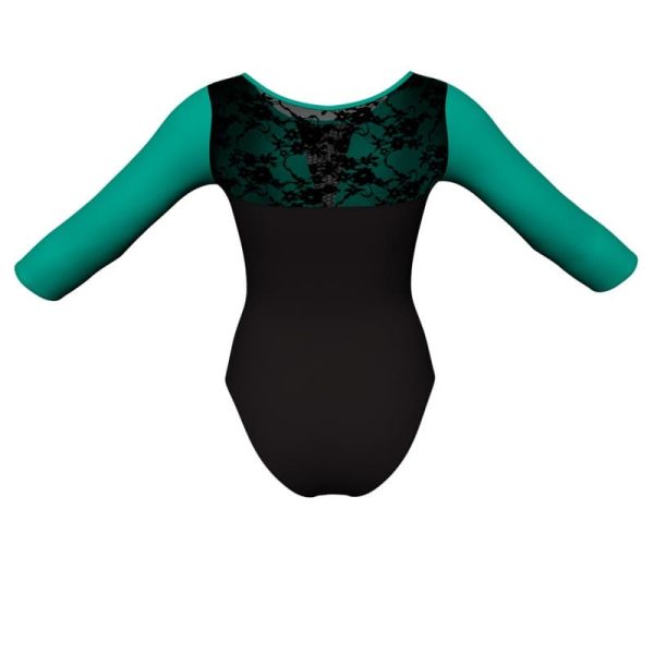 body danza bicolore maniche 3 4 con inserto in rete o pizzo plg1161