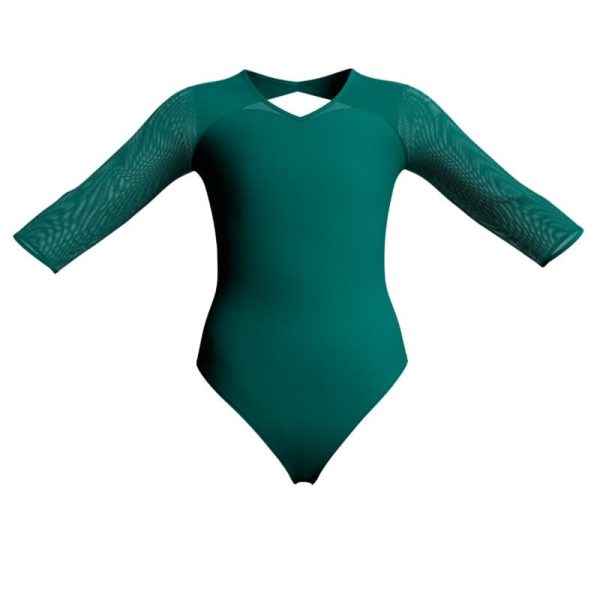 body danza bicolore maniche 3 4 con inserto in rete o pizzo plg126