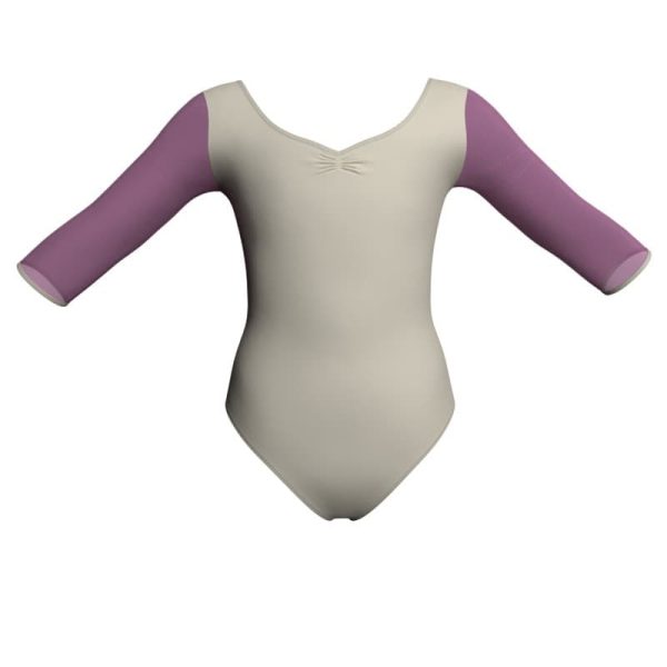 body danza bicolore maniche 3 4 con inserto in rete o pizzo plg452t