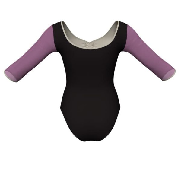 body danza bicolore maniche 3 4 con inserto in rete o pizzo plg452t1