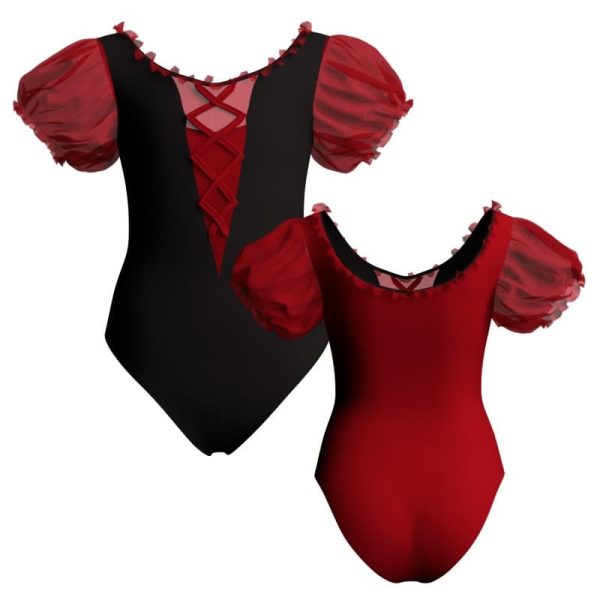 body danza bicolore maniche a palloncino con inserto in rete o pizzo plg26122