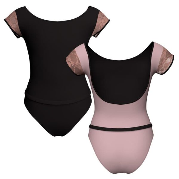 body danza bicolore maniche aletta con inserto in rete o pizzo plg2109t