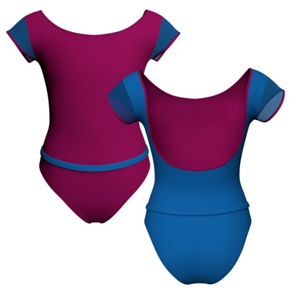 body danza bicolore maniche aletta con inserto in rete o pizzo plg2109t1