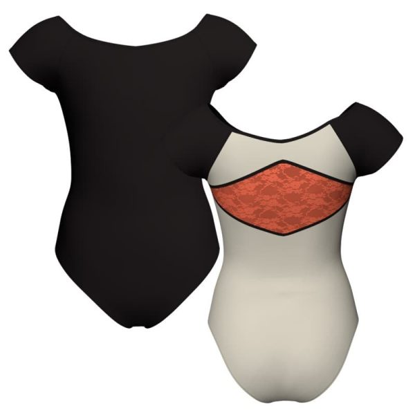 body danza bicolore maniche aletta con inserto in rete o pizzo plg2401