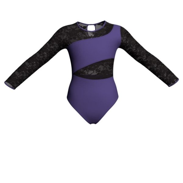 body danza bicolore maniche lunghe con inserto in rete o pizzo plg1082