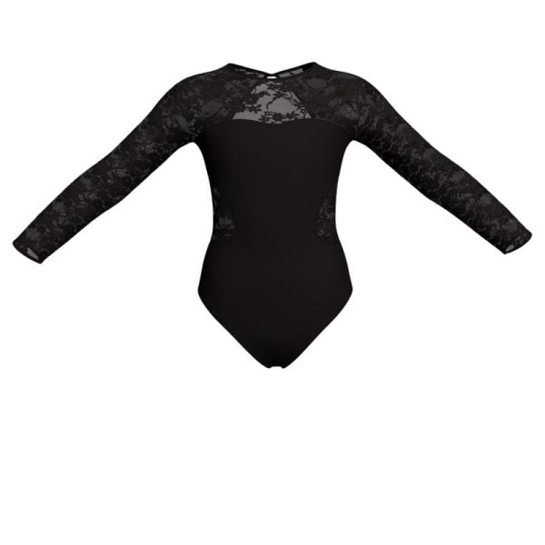 body danza bicolore maniche lunghe con inserto in rete o pizzo plg1102