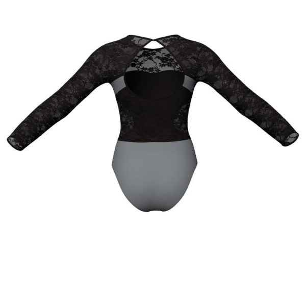 body danza bicolore maniche lunghe con inserto in rete o pizzo plg1103