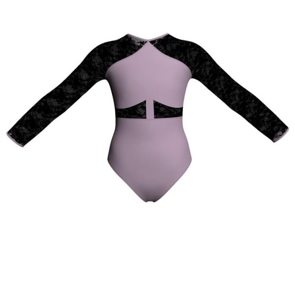 body danza bicolore maniche lunghe con inserto in rete o pizzo plg113