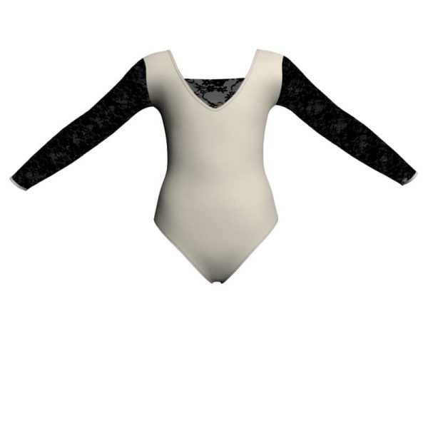 body danza bicolore maniche lunghe con inserto in rete o pizzo plg2532t