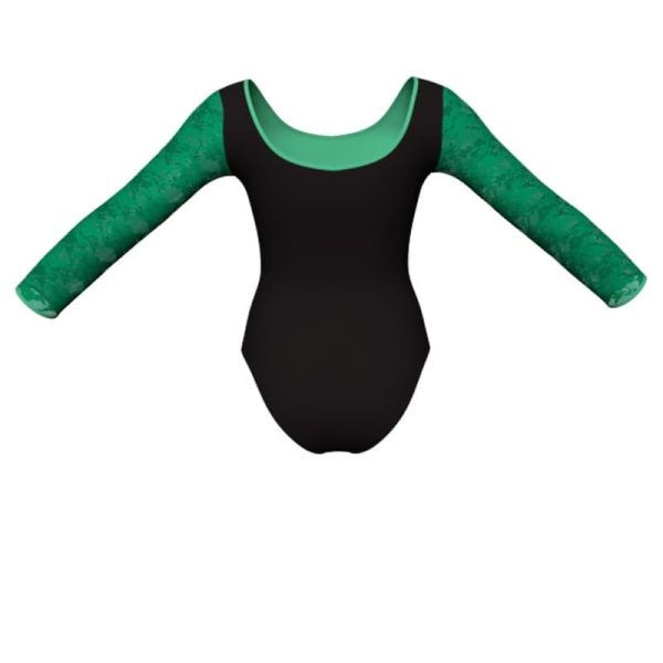 body danza bicolore maniche lunghe con inserto in rete o pizzo plg405t1