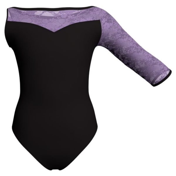 body danza bicolore monospalla con inserto in rete o pizzo plg105sst