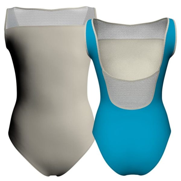 body danza bicolore senza maniche con inserto in rete o pizzo plg10023