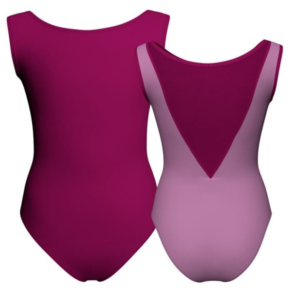 body danza bicolore senza maniche con inserto in rete o pizzo plg1003