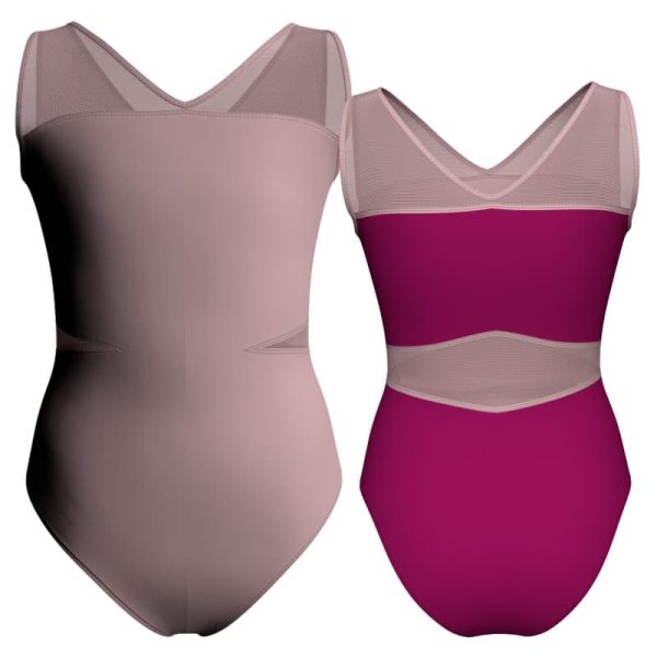 body danza bicolore senza maniche con inserto in rete o pizzo plg101