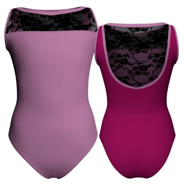 body danza bicolore senza maniche con inserto in rete o pizzo plg30121