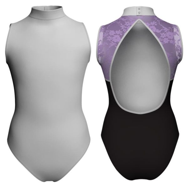 body danza bicolore senza maniche con inserto in rete o pizzo plg510t