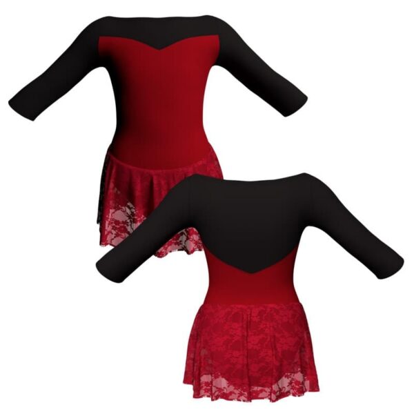 body danza gonnellino in pizzo maniche 3 4 con inserto sk1lcp1051