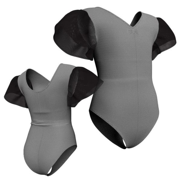 body danza in lycra fantasy con inserto e maniche a volant in rete o pizzo pfr2800