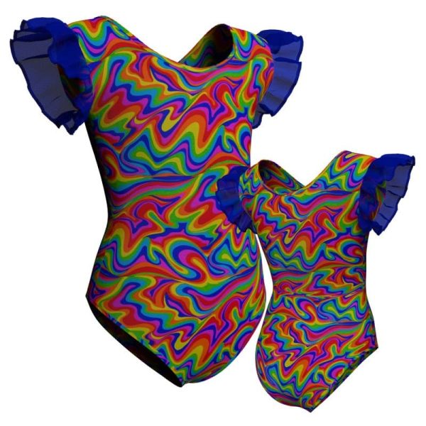 body danza in lycra fantasy con inserto e maniche a volant in rete o pizzo pfr28011