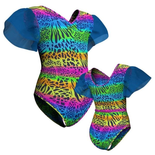 body danza in lycra stampata con inserto e maniche a volant in rete o pizzo psb2800