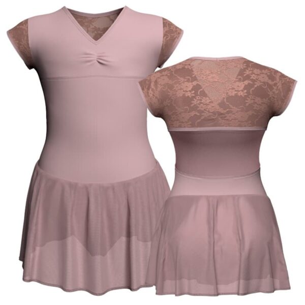 body danza maniche aletta con inserto in rete o pizzo e gonnellino in chiffon sk1lpc1221