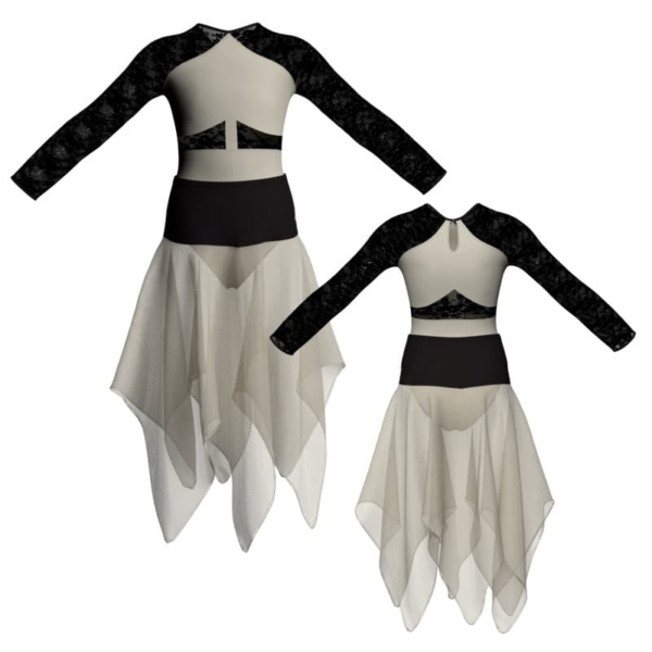 costume balletto bicolore maniche lunghe con inserto in rete o pizzo vej1131