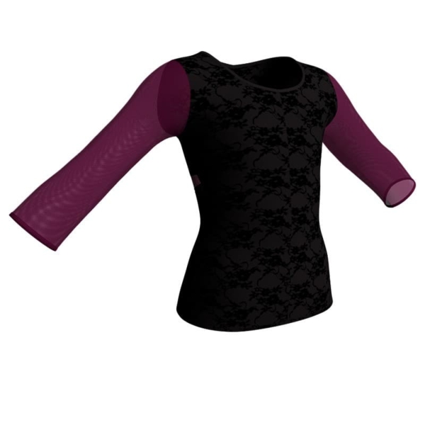 t shirt top in belen pro maniche lunghe con inserto in pizzo o rete mbr102