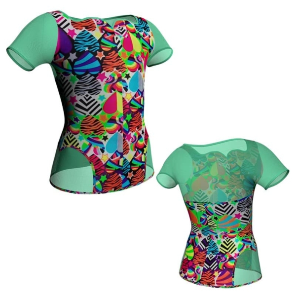 t shirt top in lycra fantasy manica corta con inserto in rete trasparente mfr1111