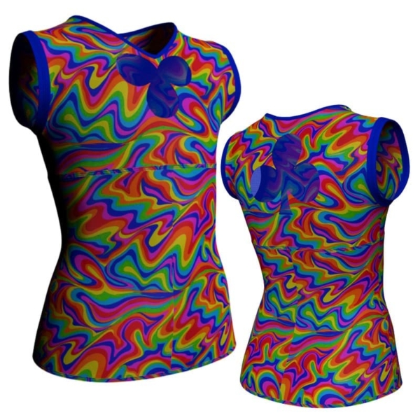 t shirt top in lycra fantasy senza manica con inserto in rete trasparente mfr112