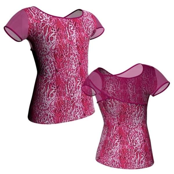 t shirt top in lycra stampata manica corta con inserto in rete trasparente msb208