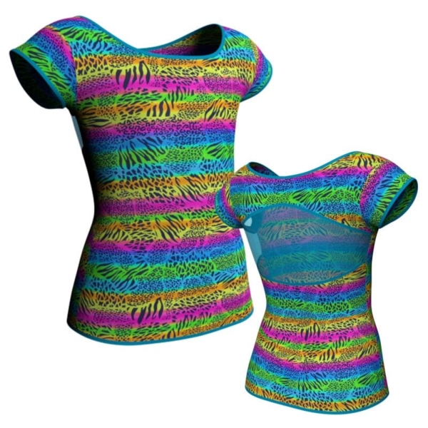 t shirt top in lycra stampata maniche aletta con inserto in rete trasparente msb211