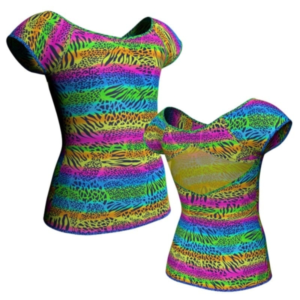 t shirt top in lycra stampata maniche aletta con inserto in rete trasparente msb240