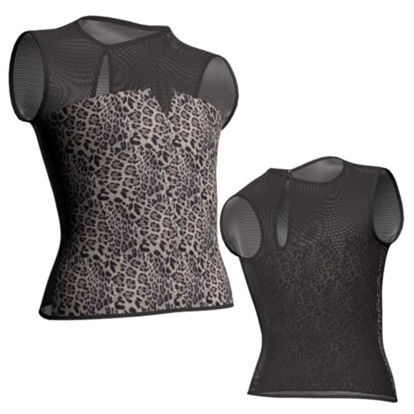 t shirt top in lycra stampata senza maniche con inserto in rete trasparente msb123