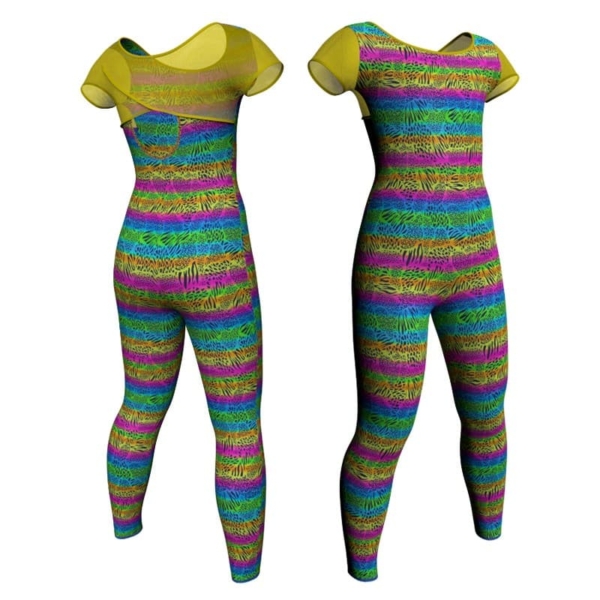 tuta danza in lycra stampata manica corta con inserto trasparente tsb208